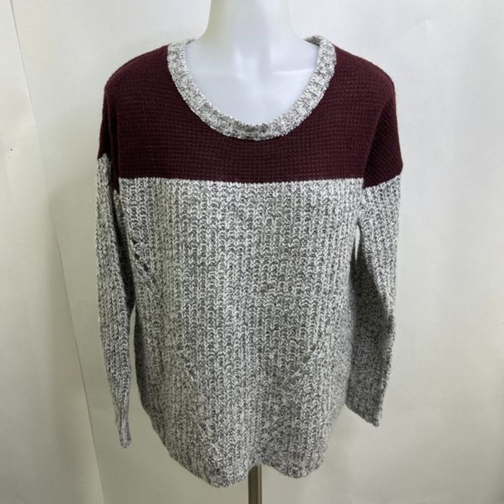 Olive & Oak M Sweater Gray Red Stripe Knit Cotton Blend Long Sleeve Crew Neck Us